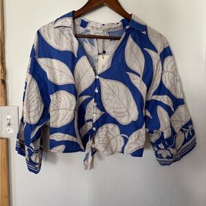 NWT Rachel Zoe Blue and Cream Leaf Print Blouse